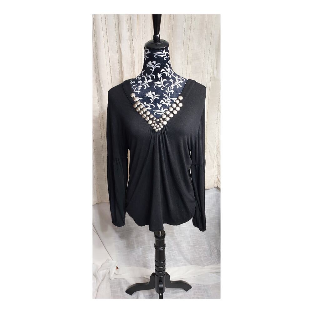 Michael Kors Black Long Sleeve Top V Neck Metal Disc